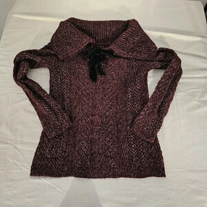 White House Black Market Sweater Women XS Shawl Collar Metallic Bow Cable Maroon
